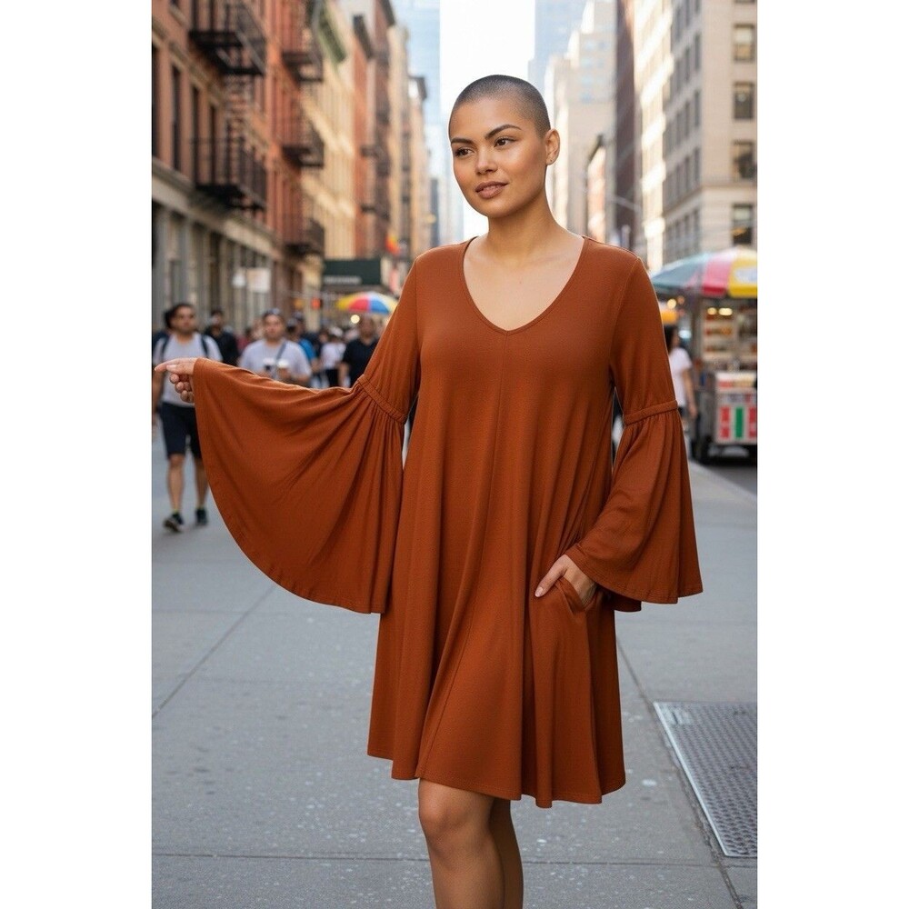 Rachel Pally womens burnt orange eclectic designer bell flare dress Medium